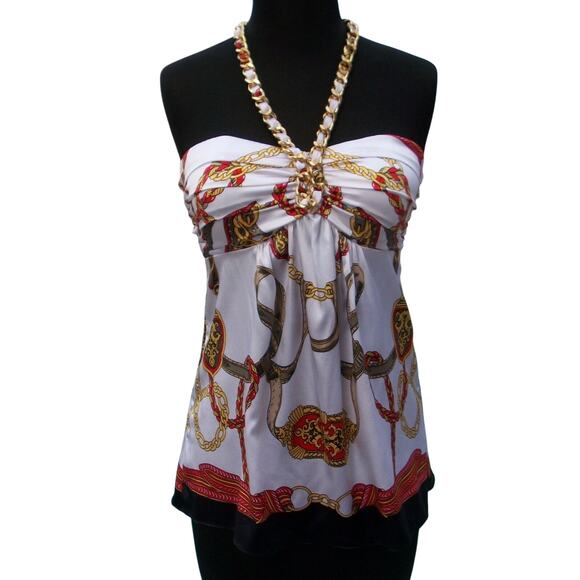 Cache Silk Woven Chain Halter Top New Ruched Built In Bra Multi Color $118 NWT - Picture 1 of 4